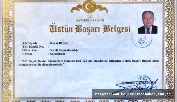 Develi Kaymakamı Duru'ya 'Üstün başarı belgesi' verildi